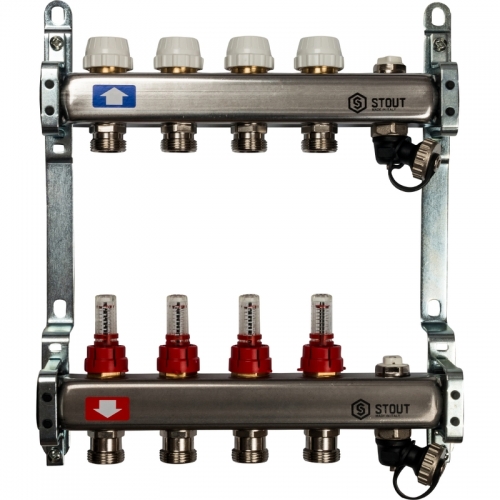 STOUT Коллектор из нержавеющей стали с расходомерами, с клапаном вып. воздуха и сливом 4 вых. SMS-0927-000004